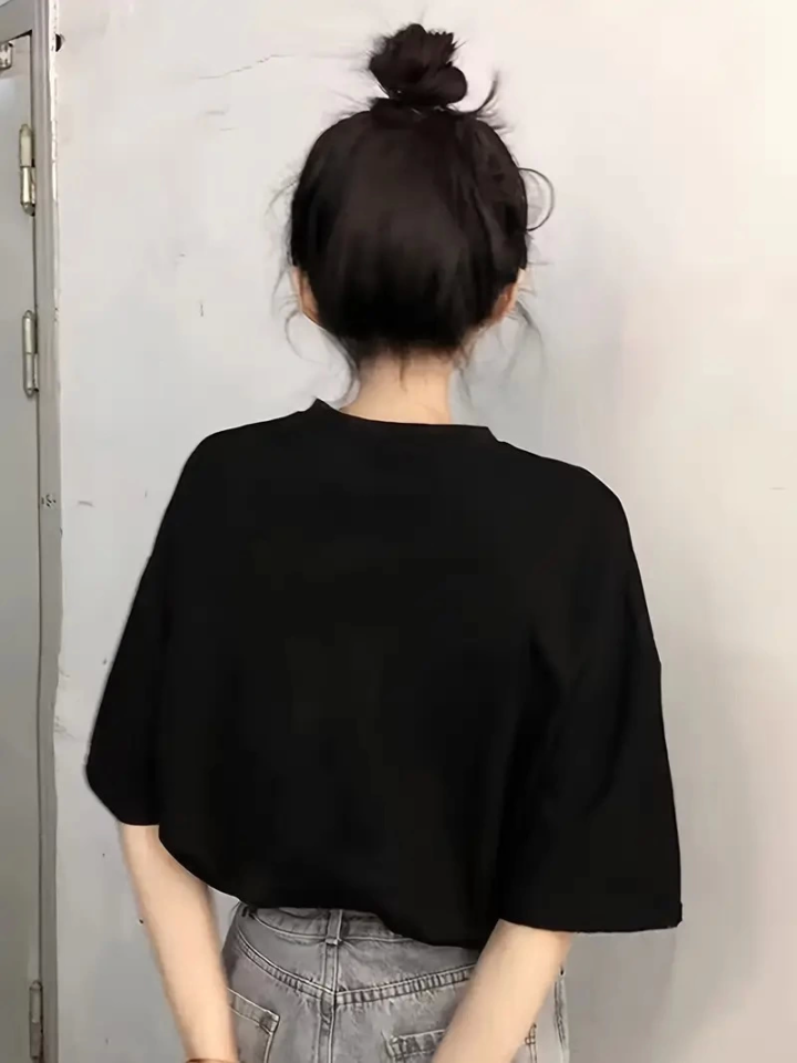 Baskılı Oversize Bisiklet Yaka T-shirt - Siyah Baskılı Oversize Bisiklet Yaka T-shirt - Siyah