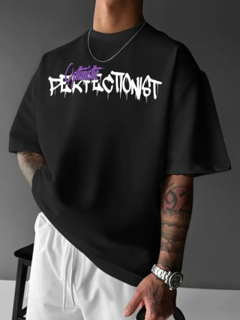 Baskılı Oversize Bisiklet Yaka T-shirt - Siyah