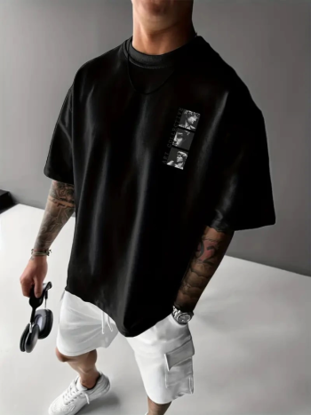 Baskılı Oversize Bisiklet Yaka T-shirt - Siyah