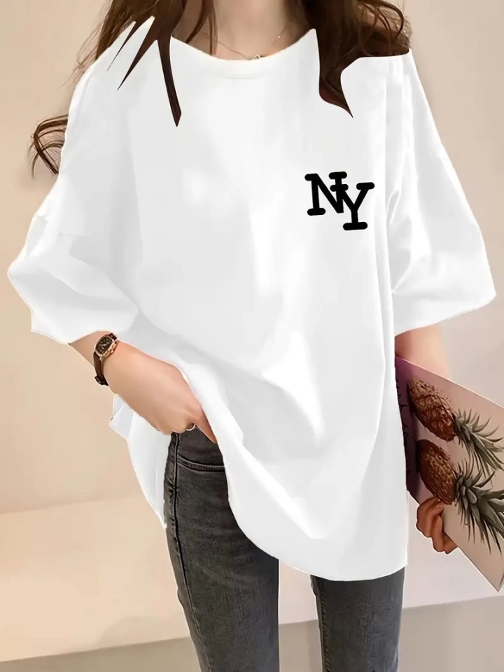 Baskılı Oversize Bisiklet Yaka T-shirt - Beyaz Baskılı Oversize Bisiklet Yaka T-shirt - Beyaz