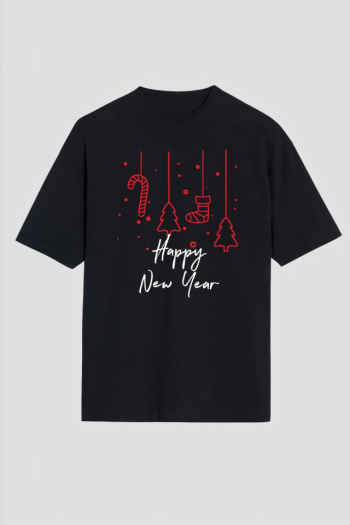 Happy New Year Baskılı T-shirt - Siyah