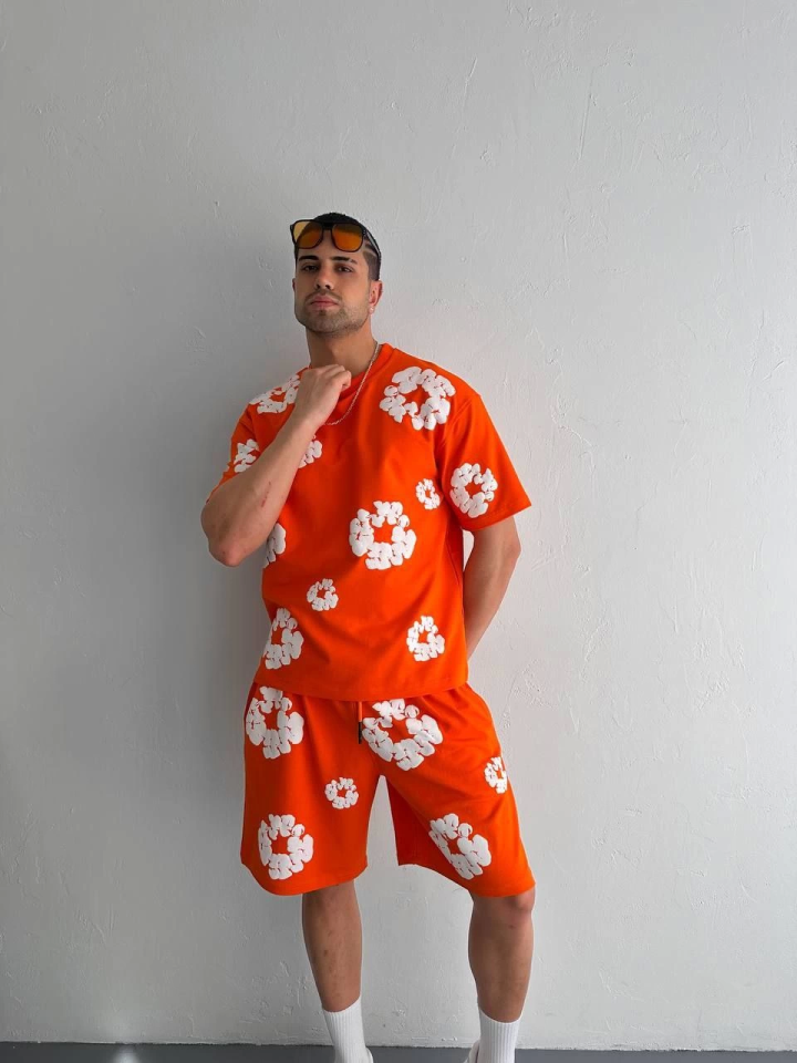 İki İplik Kumaş Baskılı T-shirt Şortlu Takım- Turuncu İki İplik Kumaş Baskılı T-shirt Şortlu Takım- Turuncu