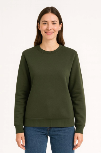 Üç İplik Düz Bisiklet Yaka SweatShirt - Haki