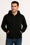 Erkek Üç İplik Kapüşonlu Tam Fermuarlı Kanguru Çepli SweatShirt Hoodie – Siyah
