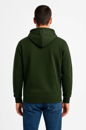 Erkek Üç İplik Kapüşonlu Tam Fermuarlı Kanguru Çepli SweatShirt Hoodie - Haki