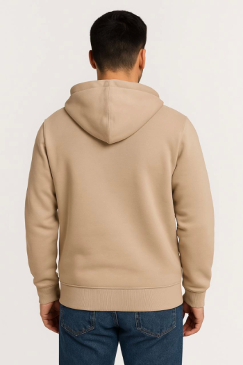 Erkek Üç İplik Kapüşonlu Tam Fermuarlı Kanguru Çepli SweatShirt Hoodie - Bej