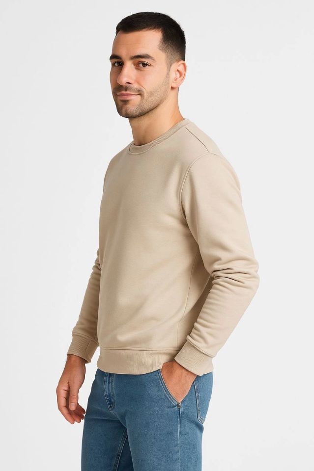 Erkek Üç İplik Düz Bisiklet Yaka SweatShirt - Bej Erkek Üç İplik Düz Bisiklet Yaka SweatShirt - Bej