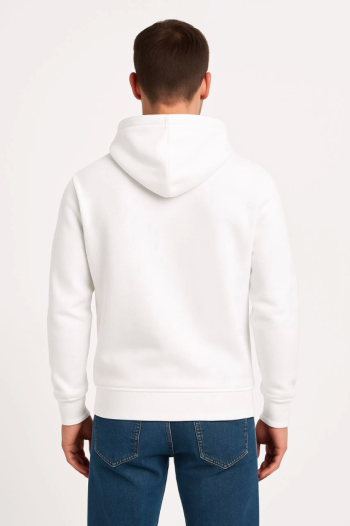 Erkek Üç İplik Kapüşonlu Kanguru Cepli SweatShirt Hoodie - Beyaz