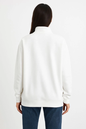 Üç İplik Dık Yaka Yarım Fermuarlı SweatShirt - Beyaz