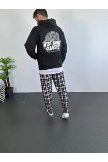 Erkek Oversize Üç İplik Kapüşonlu Sweatshirt – Siyah Sırt Ve Ön Baskılı