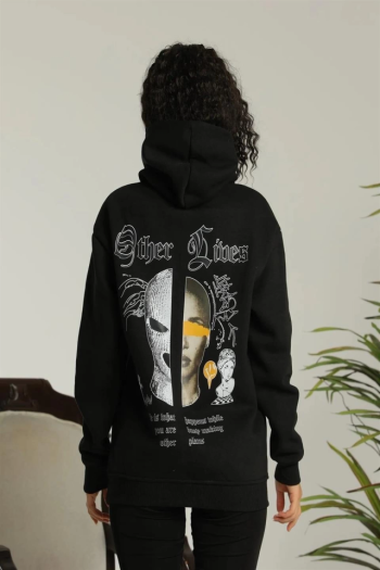 Oversize Üç İplik Kapüşonlu Sweatshirt – Siyah “Other Lives” Ön Ve Arka Baskılı