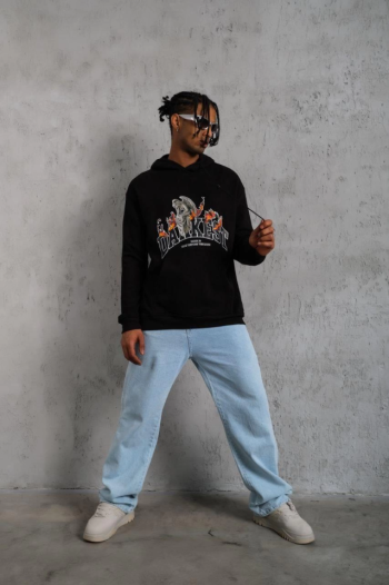 Erkek Oversize Kapüşonlu Sweatshirt – Siyah Renk Üç İplik İçi Pamuklu Kanguru Cepli Baskılı Hoodie Rahat Kalıp Kışlık Günlük Kombinlere Uygun - Siyah