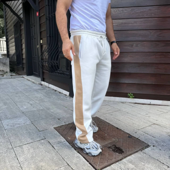 Erkek Üç İplik Kışlık Pamuklu Yandan Garneli Kalın Bej Şeritli Cepli Eşofman Altı - Beyaz