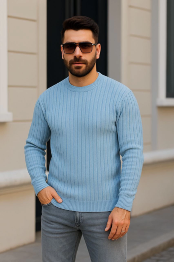 Erkek Bisiklet Yuvarlak Yaka Triko Kazak Pamuklu Kalın Fitilli Dokuma