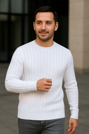 Erkek Bisiklet Yuvarlak Yaka Triko Kazak Pamuklu Kalın Fitilli Dokuma