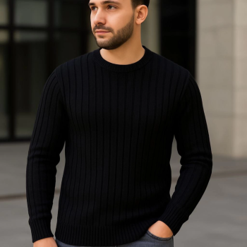 Erkek Bisiklet Yuvarlak Yaka Triko Kazak Pamuklu Kalın Fitilli Dokuma