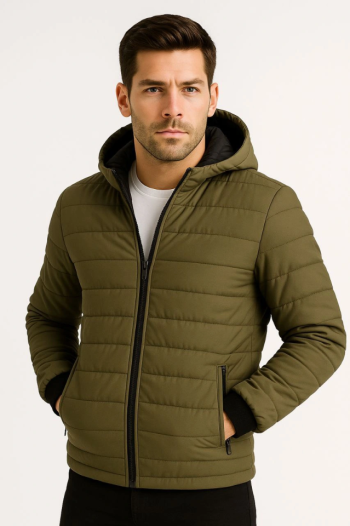 Erkek Şişme Kapüşonlu Fermuarlı Mont Su Itici Kapitone Astarlı Kumaş Cepli Kışlık Rahat Kalıp - Haki