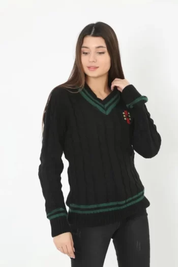 V Yaka Örgülü Kazak - Siyah