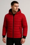 Erkek Şişme Kapüşonlu Fermuarlı Mont Su Itici Kapitone Astarlı Kumaş Cepli Kışlık Rahat Kalıp – Kırmızı