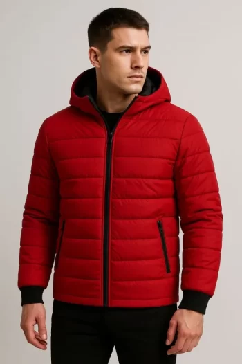 Erkek Şişme Kapüşonlu Fermuarlı Mont Su Itici Kapitone Astarlı Kumaş Cepli Kışlık Rahat Kalıp - Kırmızı