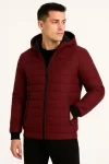 Erkek Şişme Kapüşonlu Fermuarlı Mont Su Itici Kapitone Astarlı Kumaş Cepli Kışlık Rahat Kalıp - Bordo