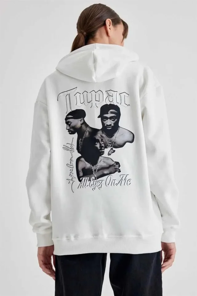 Kapüşonlu Sırt Baskılı Üç İplik Oversize Sweatshirt - Beyaz Kapüşonlu Sırt Baskılı Üç İplik Oversize Sweatshirt - Beyaz
