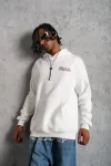 Erkek Kol Ve Etek Ribana Baskılı Kapüşonlu Sweat – Beyaz