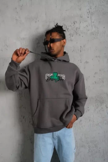 Erkek Baskılı Kapüşonlu Ve Kordon İpli Sweat - Gri