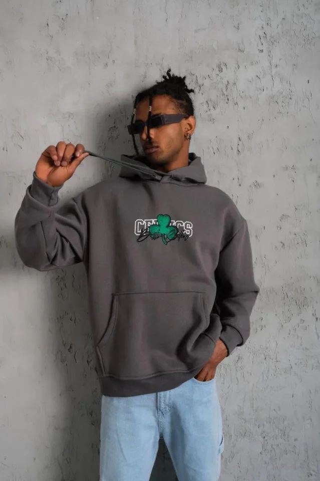 Erkek Baskılı Kapüşonlu Ve Kordon İpli Sweat - Gri Erkek Baskılı Kapüşonlu Ve Kordon İpli Sweat - Gri