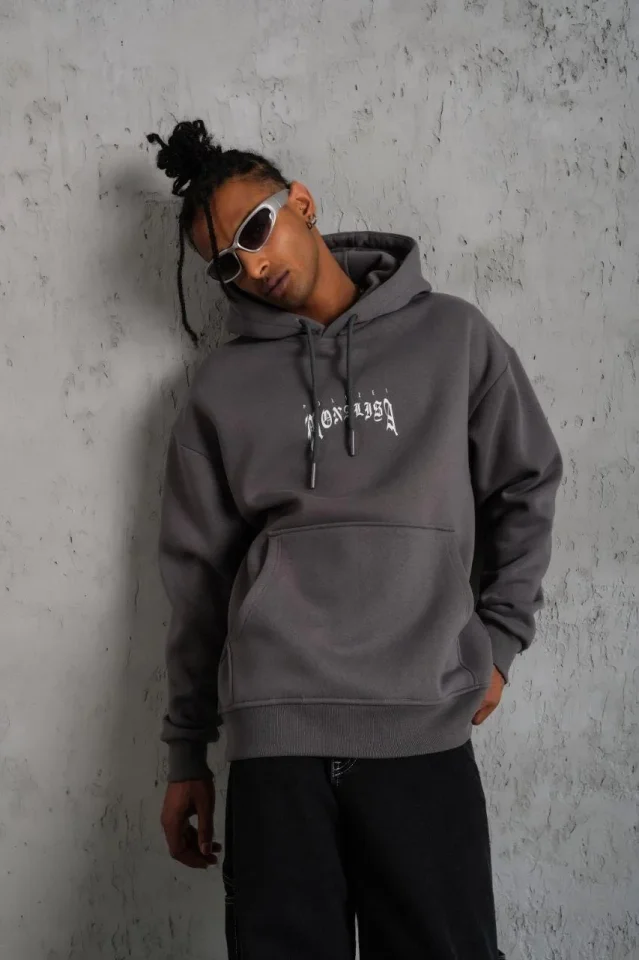 Erkek Baskılı Kapüşonlu Ve Kanguru Cepli Sweat- Gri Erkek Baskılı Kapüşonlu Ve Kanguru Cepli Sweat- Gri