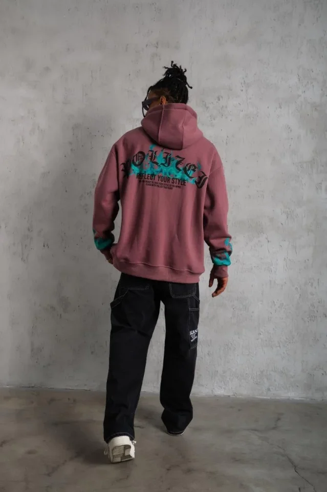 Erkek Üç İplik Içi Pamuklu Alev Baskılı Kapüşonlu Sweatshirt - Gül Kurusu Erkek Üç İplik Içi Pamuklu Alev Baskılı Kapüşonlu Sweatshirt - Gül Kurusu