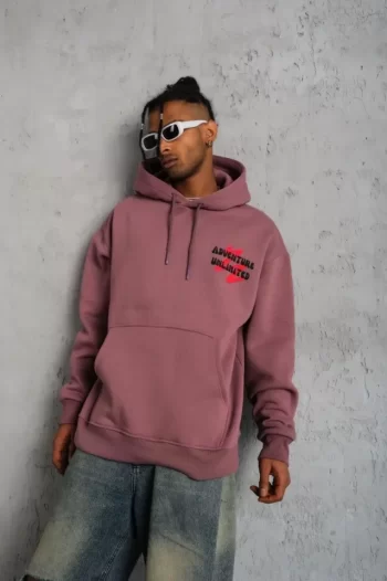 Erkek Şapkalı Güvercin Baskılı Kapşonlu Sweat - Gül Kurusu