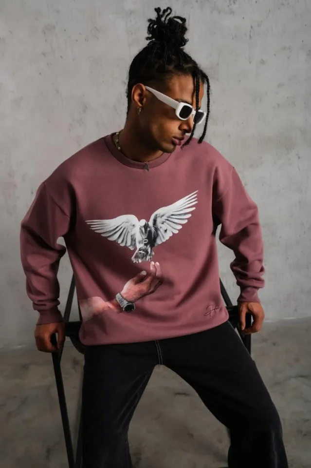 Erkek Güvercin Baskılı Sweatshirt - Gül Kurusu Erkek Güvercin Baskılı Sweatshirt - Gül Kurusu