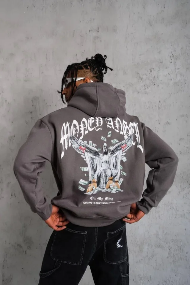 Erkek Kordon İpli Baskılı Kapüşonlu Sweatshirt - Füme Erkek Kordon İpli Baskılı Kapüşonlu Sweatshirt - Füme