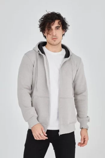 Erkek Kapüşonlu Düz Fermuarlı Hırka - Boyalı Gri
