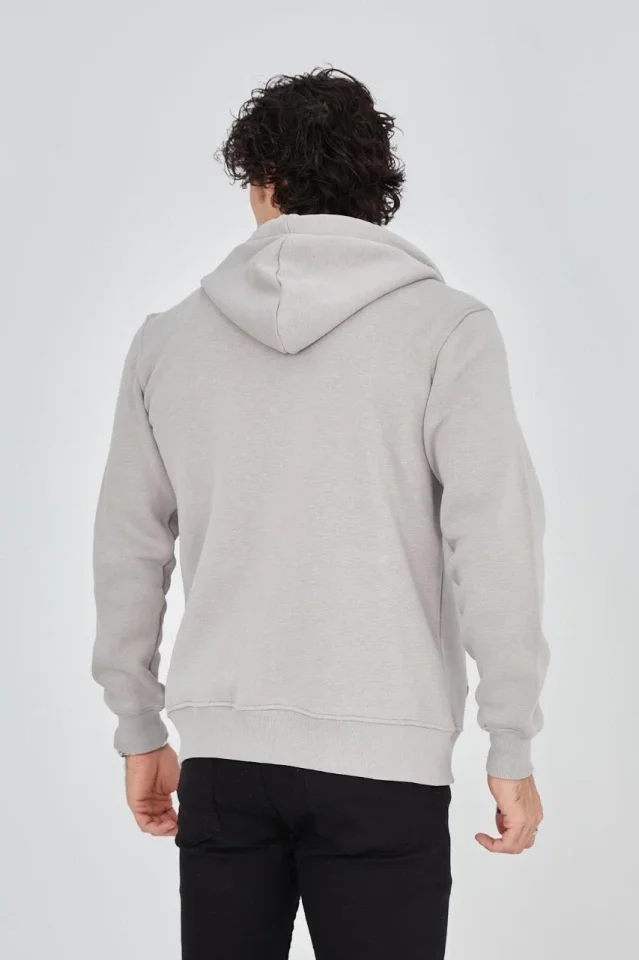 Erkek Kapüşonlu Baskılı Fermuarlı Hırka - Boyalı Gri Erkek Kapüşonlu Baskılı Fermuarlı Hırka - Boyalı Gri