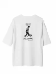 Unisex Bisiklet Yaka Baskılı Oversize T-Shirt – Beyaz