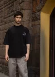 Unisex Bisiklet Yaka Baskılı Oversize T-Shirt – Siyah