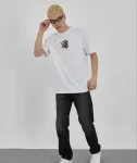 Unisex Bisiklet Yaka Baskılı Oversize T-Shirt – Beyaz
