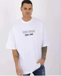 Unisex Bisiklet Yaka Baskılı Oversize T-Shirt – Beyaz