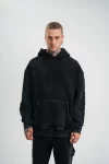 Unisex Uzun Kol Kapşonlu Yıkamalı Nakışlı SweatShirt – Siyah