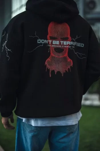 Üç İplik Kapüşonlu Baskılı Oversize SweatShirt- Siyah