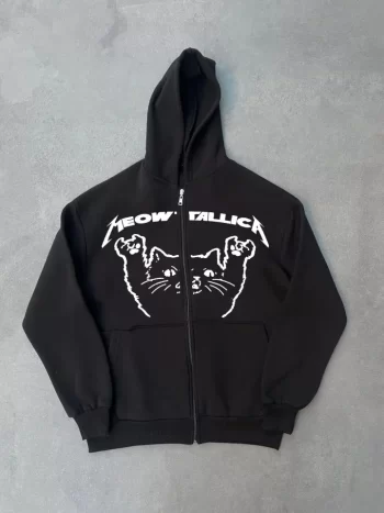 Kışlık Baskılı Fermuarlı Kapüşonlu Hırka - Siyah