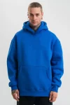 Erkek Saks Mavi Double Oversize 3 İplik Pamuklu Kapüşonlu Kanguru Cepli Sweatshirt Hoodie – Saks Mavi