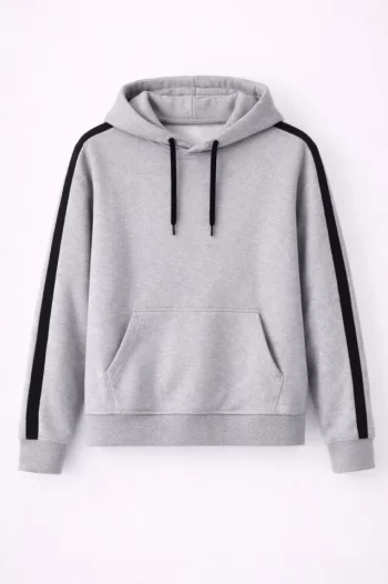 Erkek Şeritli Kapüşonlu Sweatshirt Oversize 3 Iplik Pamuklu - Gri