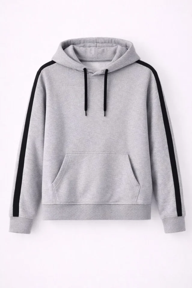 Erkek Şeritli Kapüşonlu Sweatshirt Oversize 3 Iplik Pamuklu - Gri Erkek Şeritli Kapüşonlu Sweatshirt Oversize 3 Iplik Pamuklu - Gri