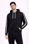 Erkek Şeritli Kapüşonlu Sweatshirt Oversize 3 Iplik Pamuklu – Siyah