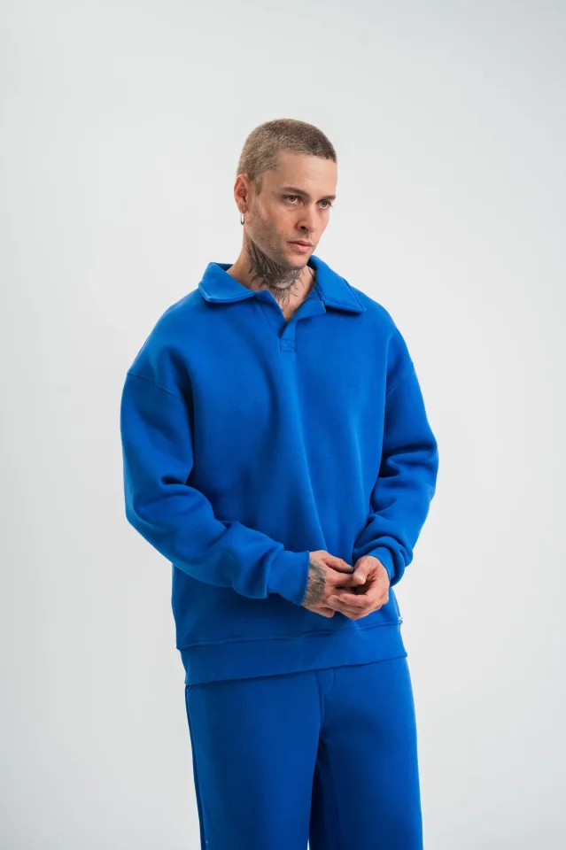 Erkek Patlı Yaka Üç İplik Pamuklu Sweatshirt Double Oversize Rahat Kalıp Günlük Kullanım - Mavi Erkek Patlı Yaka Üç İplik Pamuklu Sweatshirt Double Oversize Rahat Kalıp Günlük Kullanım - Mavi