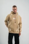 Erkek Şimşek Baskılı Kapşonlu Sweatshirt Üç İplik Pamuklu Kanguru Cepli Double Oversize Hoodie – Bej