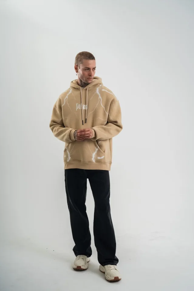 Erkek Şimşek Baskılı Kapşonlu Sweatshirt Üç İplik Pamuklu Kanguru Cepli Double Oversize Hoodie - Bej Erkek Şimşek Baskılı Kapşonlu Sweatshirt Üç İplik Pamuklu Kanguru Cepli Double Oversize Hoodie - Bej